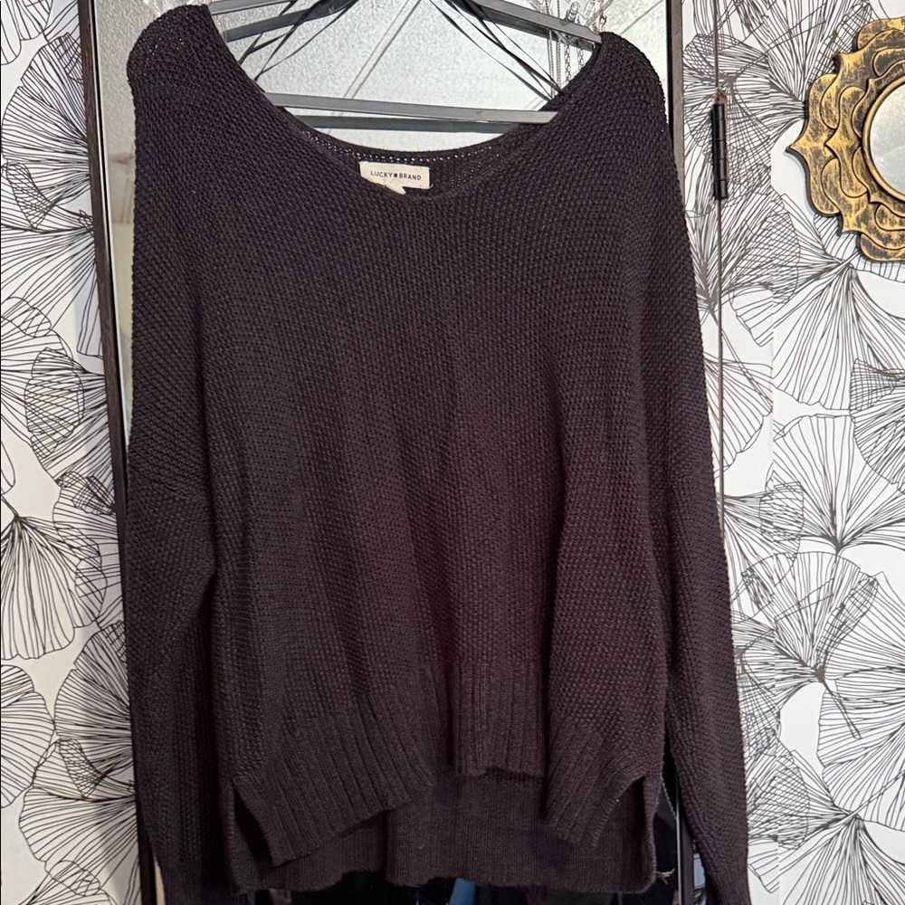 Lucky Brand Dark Charcoal Off the Shoulder Knit Sweater